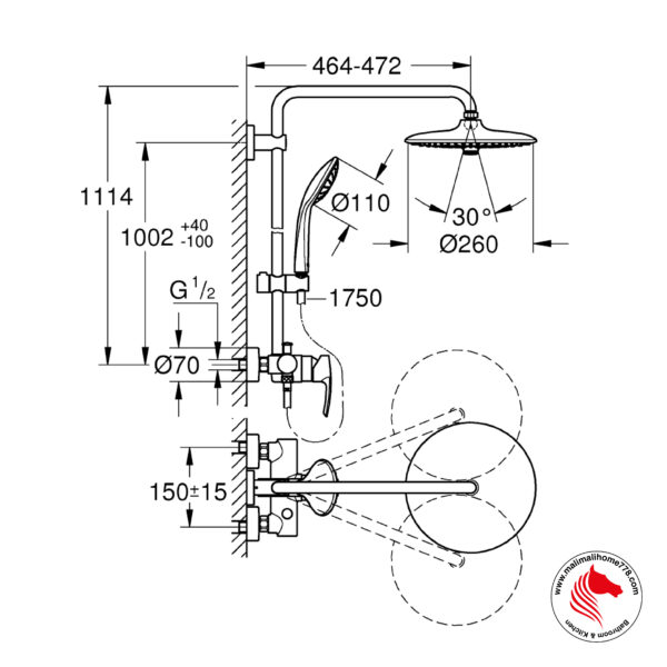 GROHE G-27473002 EUPHORIA SYSTEM 260 Shower System With Single Lever Mixer For Wall Mounting - Image 6