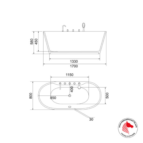 ABAGNO K501M Free Standing Bathtub With Mixer Faucets [White] - Image 3